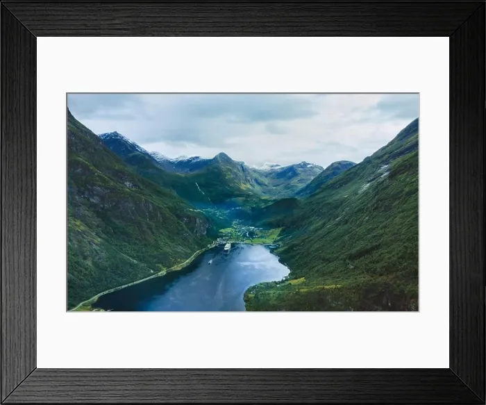 Framed Print : Geiranger fjord aerial view mountains landscape in Norway ships sailing travel scenery famous natural landmarks summer Framed Print : Geiranger fjord aerial view mountains landscape in Norway ships sailing travel scenery famous natural landmarks summer