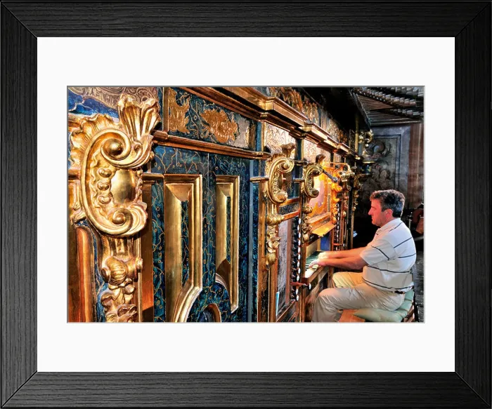 Framed Print : Spain, St. James Way: Senor Javier playing the organ in the church Santa Maria in Los Arcos Framed Print : Spain, St. James Way: Senor Javier playing the organ in the church Santa Maria in Los Arcos