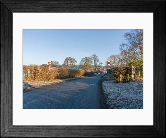 Framed Print : 30mph speed limit signs on Half Yard lane on the outskirts of the village of Wrington in winter Framed Print : 30mph speed limit signs on Half Yard lane on the outskirts of the village of Wrington in winter