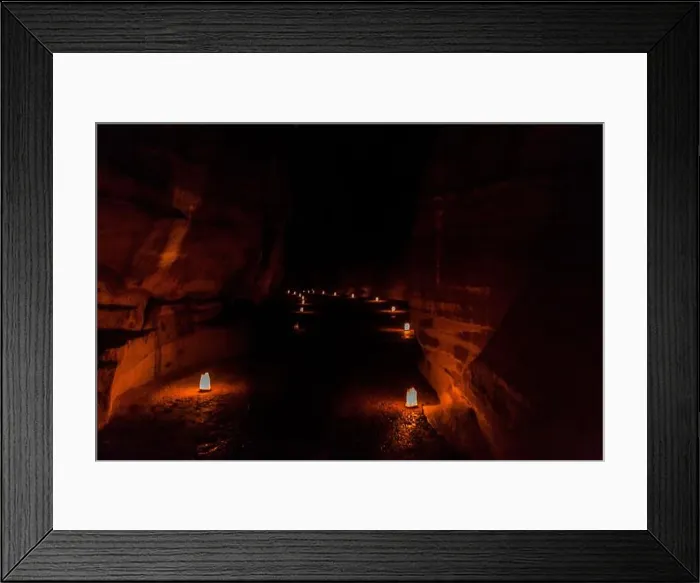 Framed Print : Candels along the Siq narrow gorge, main entrance to the ancient city Petra during Petra by Night, Jordan