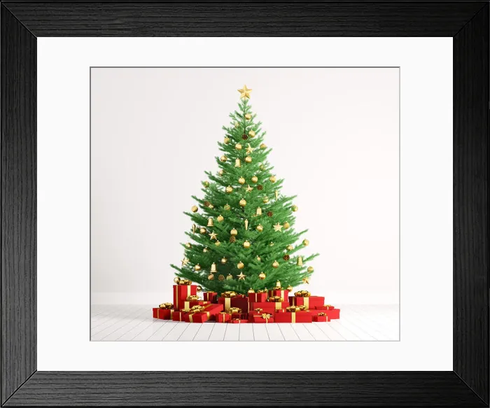 Framed Print : Interior of a room with christmas fir tree and red gifts over white wall 3d render Framed Print : Interior of a room with christmas fir tree and red gifts over white wall 3d render