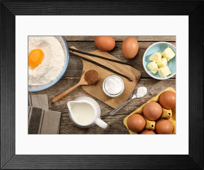Framed Print : Baking powder in bowl surrounded by other products on wooden table, flat lay Framed Print : Baking powder in bowl surrounded by other products on wooden table, flat lay