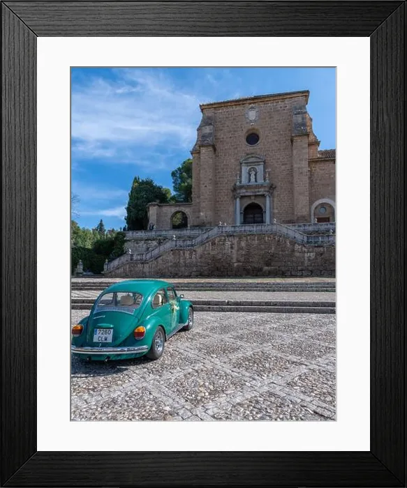Framed Print : A bright green VW Beetle Wedding Car at Monasterio de la Cartuja de Granada, the Carthusian Monastery in Granada