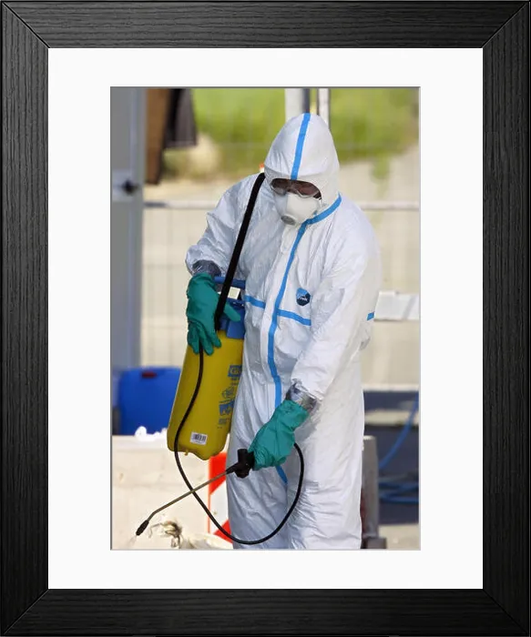 Framed Print : A member of the German Federal Agency for Technical Relief sprays disinfectives at a a poultry farm gate in Warmersdorf