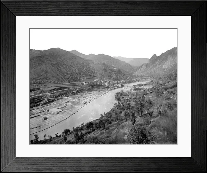 Framed Print : Restored 1889 photograph by Lluís Marià Vidal i Carreras showing the town of Gerri de la Sal viewed from the Bresca