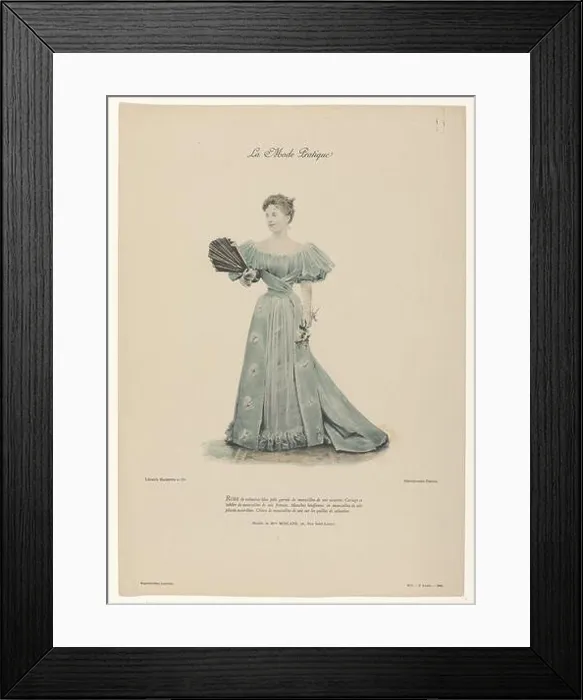 Framed Print : A woman in a dress of pale blue veloutine (velveteen) topped with matching silk muslin Framed Print : A woman in a dress of pale blue veloutine (velveteen) topped with matching silk muslin