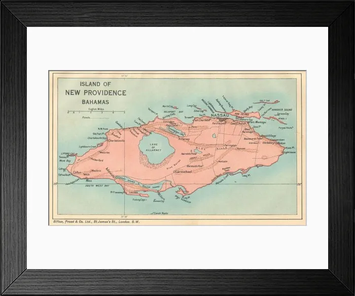 Framed Print : NEW PROVIDENCE. Vintage map. Bahamas. Caribbean 1935 old vintage chart