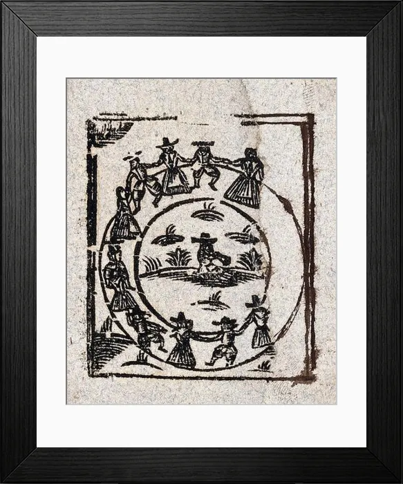 Framed Print : A circle of witches dance around a central figure. Woodcut, ca. 1700-1720 Framed Print : A circle of witches dance around a central figure. Woodcut, ca. 1700-1720