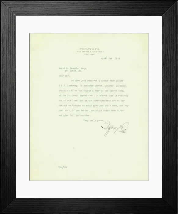 Framed Print : Letter signed Tiffany and Co. Fifth Avenue and 37th Street Framed Print : Letter signed Tiffany and Co. Fifth Avenue and 37th Street