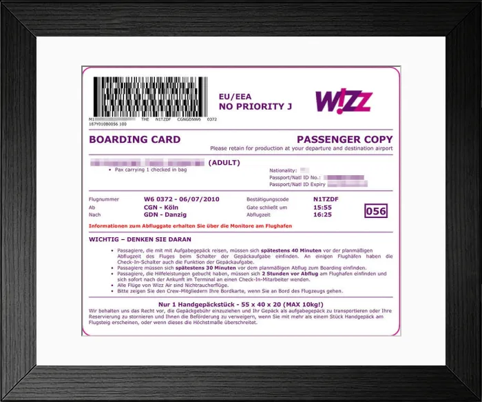Framed Print : A Wizz Air boarding pass for flight W6 372 from Cologne to Gdansk Framed Print : A Wizz Air boarding pass for flight W6 372 from Cologne to Gdansk