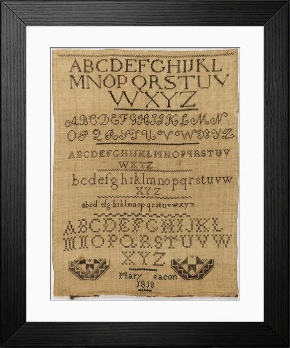 Framed Print : The Mary Beacon Sampler is an embroidered textile piece from the early 19th century Framed Print : The Mary Beacon Sampler is an embroidered textile piece from the early 19th century
