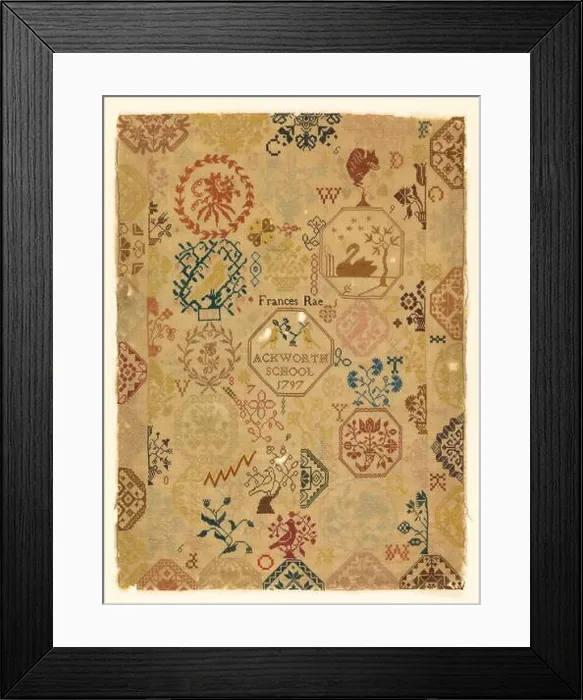 Framed Print : Sampler. Detached motifs, including a swan Framed Print : Sampler. Detached motifs, including a swan