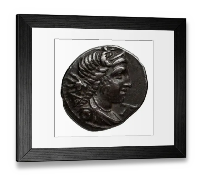Framed Print : A silver drachma coin from Massalia, Gaul, created by an ancient mint, dated to around 90