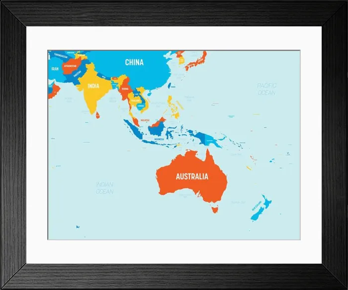 Framed Print : Australia and Southeast Asia map - 4 bright color scheme Framed Print : Australia and Southeast Asia map - 4 bright color scheme