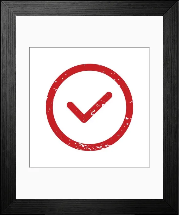 Framed Print : Check list button stamp. Red circle frame imprint with scratched texture. Check mark in round sign. Framed Print : Check list button stamp. Red circle frame imprint with scratched texture. Check mark in round sign.