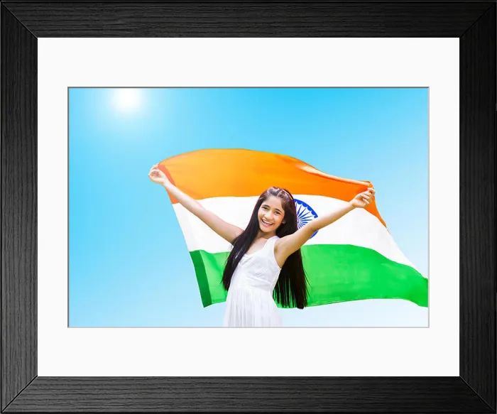 Framed Print : 1 indian Teenagers Girl independence Day Holding Flag Fluttering