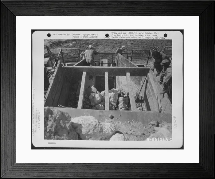 Framed Print : A Stone Quarry On Okinawa, Ryukyu Retto, Is Operated By Men Of The 1878Th Engineer Aviation Battalion. Framed Print : A Stone Quarry On Okinawa, Ryukyu Retto, Is Operated By Men Of The 1878Th Engineer Aviation Battalion.