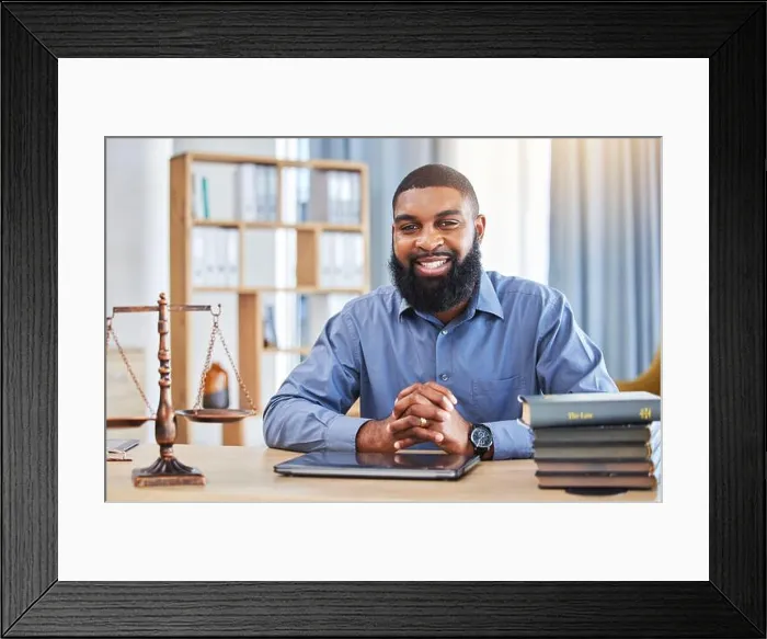 Framed Print : Happy black man, portrait and lawyer at desk for consulting Framed Print : Happy black man, portrait and lawyer at desk for consulting
