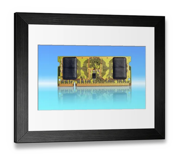Framed Print : A high-quality RAM memory module rests on a glossy reflective surface against a blue gradient backdrop