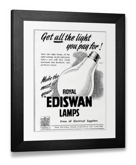 Framed Print : 1940s old vintage original advert advertising Ediswan electric light bulbs by Royal Appointment in English magazine
