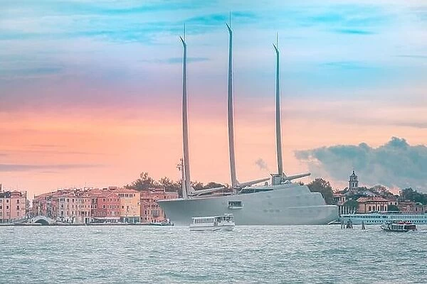 09.22.19. Venice, Italy: Sailing Yacht A, worlds biggest luxury yacht, sailboat, anchored in Venice, Grand Canal. Waterfront in Venice and moored sail