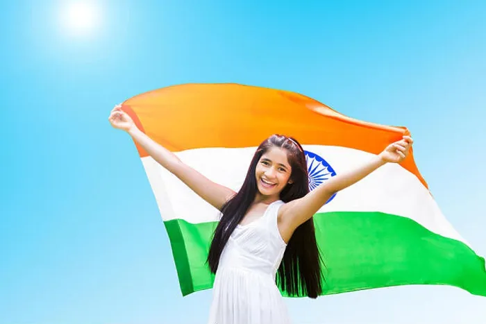 Framed Print : 1 indian Teenagers Girl independence Day Holding Flag Fluttering