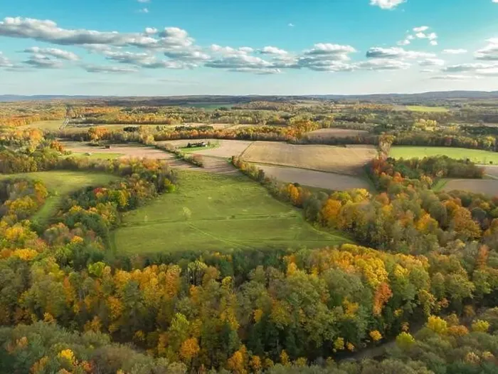Framed Print : 10-16-2022, Late afternoon aerial autumn image of the area surrounding the Village of Trumansburg, NY, USA