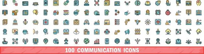 Framed Print : 100 communication icons set. Color line set of communication vector icons thin line color flat on white