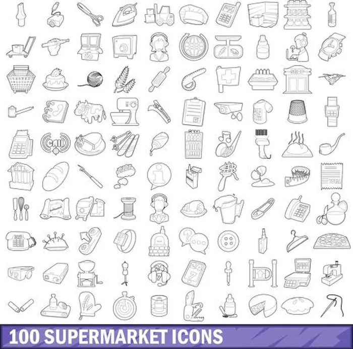 Framed Print : 100 supermarket icons set, outline style