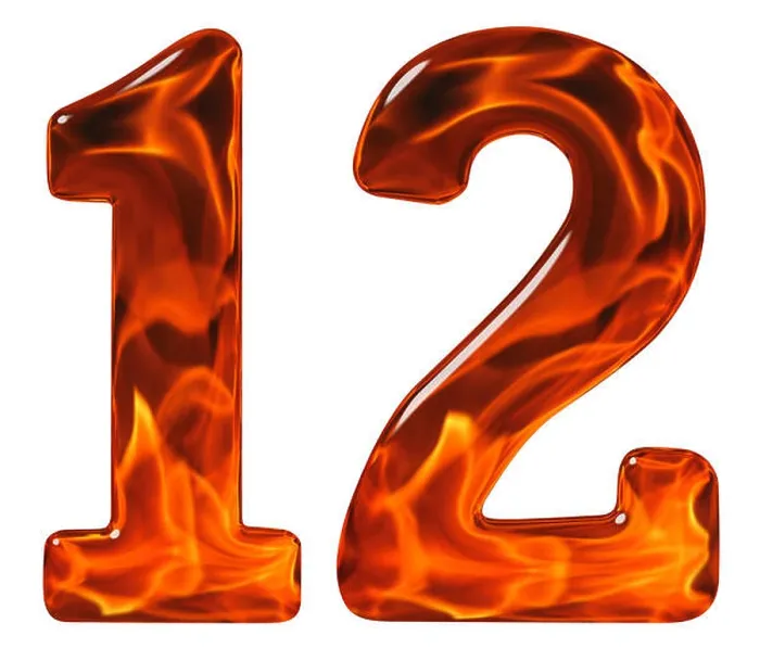 Framed Print : 12, twelve, numeral from glass with an abstract pattern of a flaming fire, isolated on white background