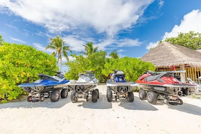 Framed Print : 14.12.2019 - Ari atoll, Maldives: Jet skis on tropical beach coast, shore. Resort hotel scenery jet skis parked on the beach for tourist Framed Print : 14.12.2019 - Ari atoll, Maldives: Jet skis on tropical beach coast, shore. Resort hotel scenery jet skis parked on the beach for tourist