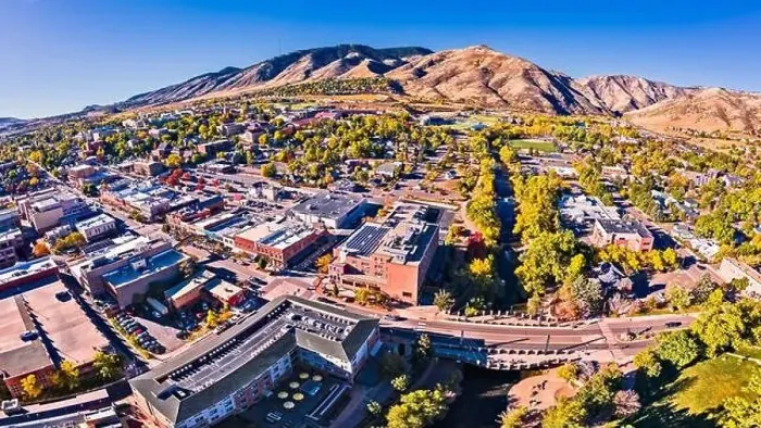 Framed Print : 16x9 Panorama of Golden Colorado from drone - Downtown - Colorado School of Mines Framed Print : 16x9 Panorama of Golden Colorado from drone - Downtown - Colorado School of Mines