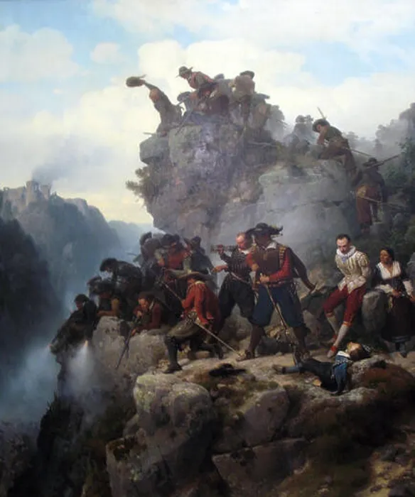 Framed Print : The 1851 painting Schuetzen am Engpass by Lessing depicts a dramatic scene of sharpshooters in a tight passageway Framed Print : The 1851 painting Schuetzen am Engpass by Lessing depicts a dramatic scene of sharpshooters in a tight passageway