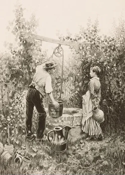 Framed Print : 1890 photogravure of a painting by American artist Daniel Ridgway Knight with the caption, At the Well Framed Print : 1890 photogravure of a painting by American artist Daniel Ridgway Knight with the caption, At the Well