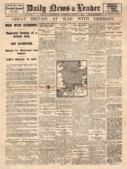 Framed Print : 1914 Daily News & Leader front page reporting War declared on Germany by Britain and France Framed Print : 1914 Daily News & Leader front page reporting War declared on Germany by Britain and France
