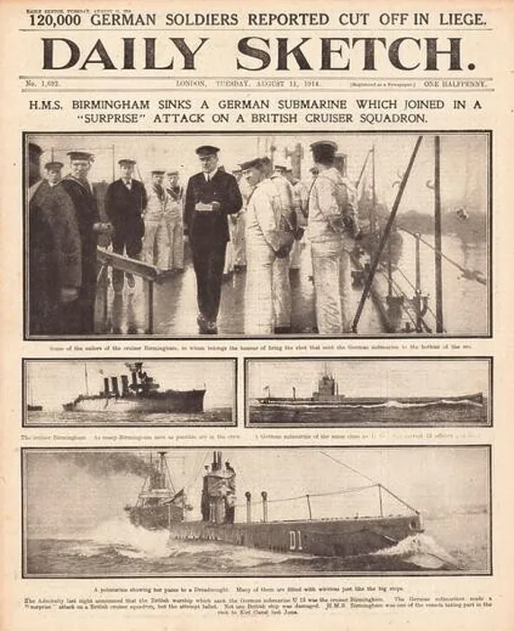 Framed Print : 1914 Daily Sketch German submarine U-13 sunk Framed Print : 1914 Daily Sketch German submarine U-13 sunk