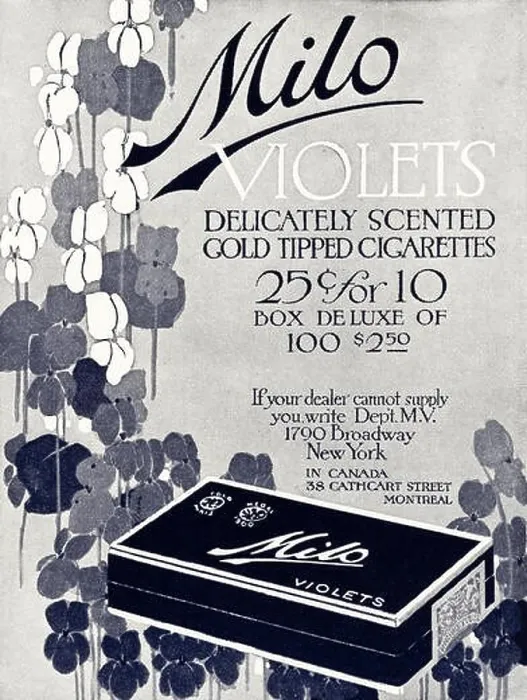 Framed Print : 1920 advert from original old vintage American magazine 1920s advertisement advertising Milo Violets scented gold tipped cigarettes Framed Print : 1920 advert from original old vintage American magazine 1920s advertisement advertising Milo Violets scented gold tipped cigarettes