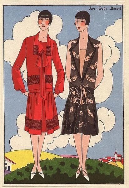 1920s women's fashion from AGB: afternoon dress in red crepe georgette with flowers, and afternoon dress in beige chiffon