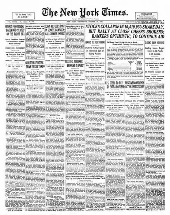 Framed Print : 1929 New York Times (USA) front page reporting the Wall Street Crash Framed Print : 1929 New York Times (USA) front page reporting the Wall Street Crash
