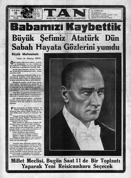 Framed Print : 1938 TAN (Turkey) front page reporting death of Mustafa Kemal Atatürk, Turkey's first President Framed Print : 1938 TAN (Turkey) front page reporting death of Mustafa Kemal Atatürk, Turkey's first President