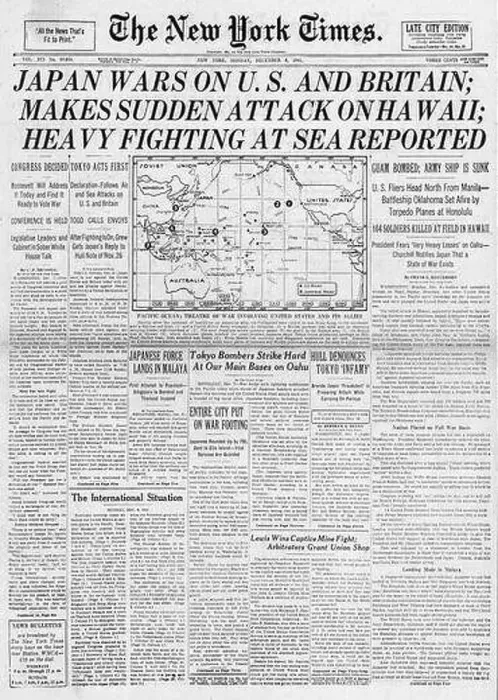 Framed Print : 1941 The New York Times front page reporting Japanese attack Pearl Harbour and declare war on USA and Britain Framed Print : 1941 The New York Times front page reporting Japanese attack Pearl Harbour and declare war on USA and Britain