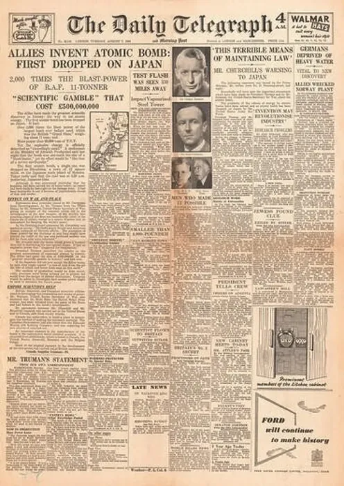 Framed Print : 1945 Daily Telegraph front page reporting Atom Bomb Dropped On Hiroshima Framed Print : 1945 Daily Telegraph front page reporting Atom Bomb Dropped On Hiroshima