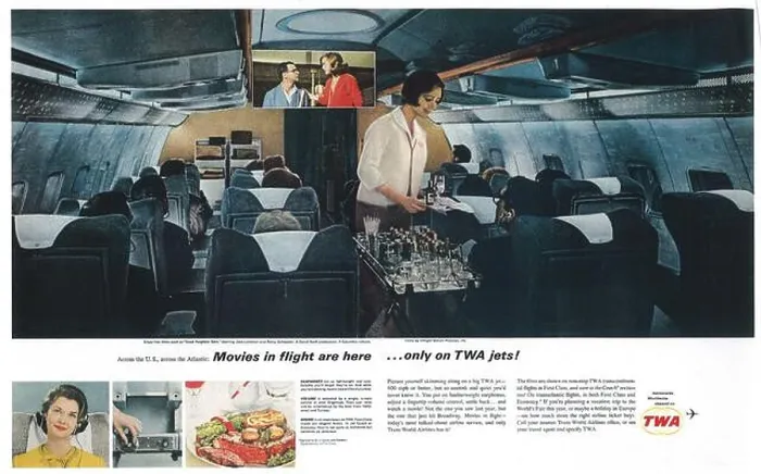 Framed Print : 1964 TWA Trans World Airlines ad - 'Movies in flight on TWA jets' Framed Print : 1964 TWA Trans World Airlines ad - 'Movies in flight on TWA jets'