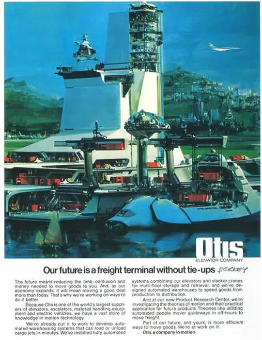 Framed Print : 1975 Otis Elevator ad - Our future is a frieght terminal without tie-ups John Berkey Art Framed Print : 1975 Otis Elevator ad - Our future is a frieght terminal without tie-ups John Berkey Art