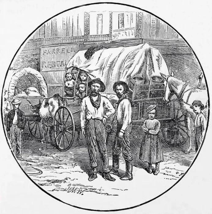 Framed Print : A 19th Century and newly arrived emigrant family and their wagon in Kansas Framed Print : A 19th Century and newly arrived emigrant family and their wagon in Kansas