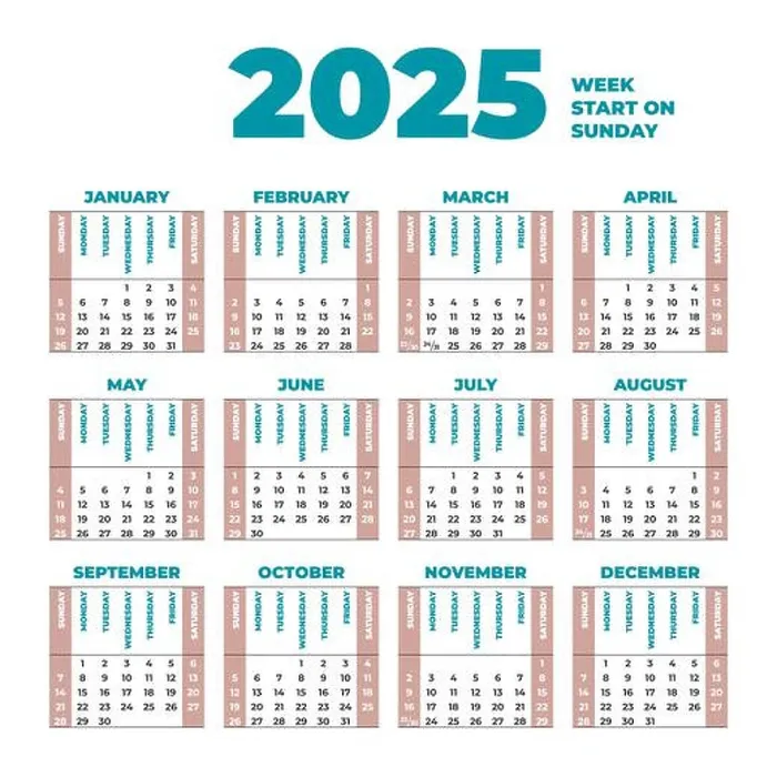 Framed Print : 2025 Calendar template with weeks start on Sunday Framed Print : 2025 Calendar template with weeks start on Sunday
