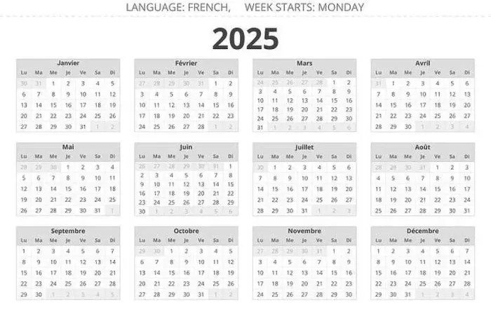 Framed Print : 2025 french calendar. Editable vector illustration in grey colors for France. 12 months year calendrier Framed Print : 2025 french calendar. Editable vector illustration in grey colors for France. 12 months year calendrier