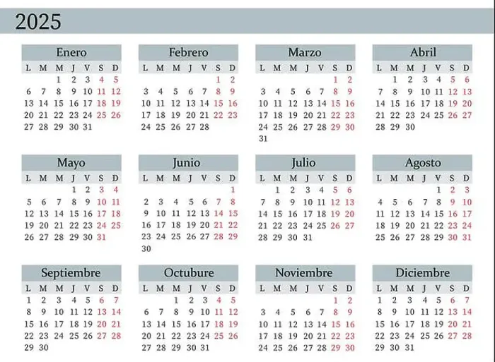 Framed Print : 2025 Yearly Calendar Vector in Spanish, Monday Start, Clean Design, Printable Template Framed Print : 2025 Yearly Calendar Vector in Spanish, Monday Start, Clean Design, Printable Template