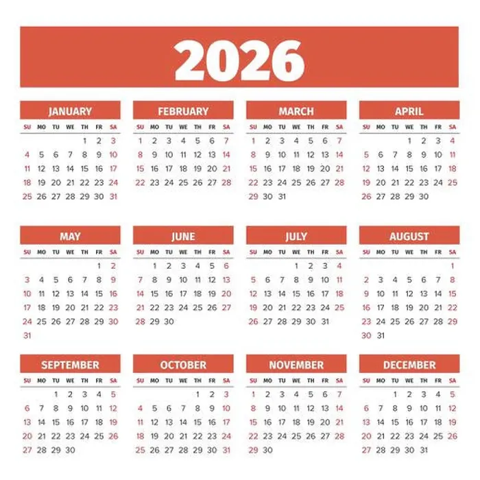 Framed Print : 2026 Simple vector calendar. Weeks start on Sunday Framed Print : 2026 Simple vector calendar. Weeks start on Sunday