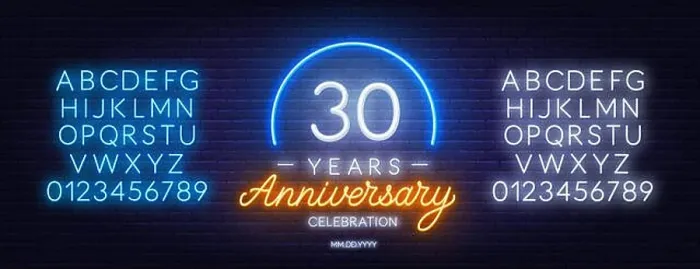 Framed Print : 30th anniversary celebration neon sign on dark background Framed Print : 30th anniversary celebration neon sign on dark background